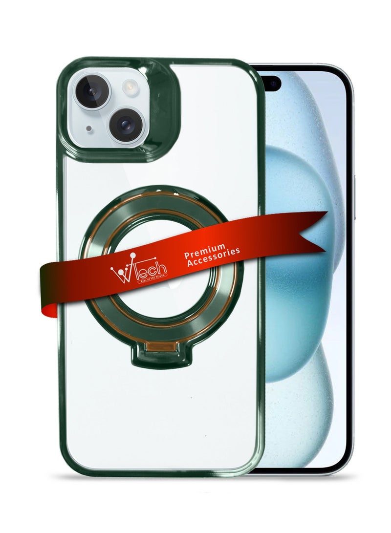 Wtech TPU Magsafe With Large Finger Hand Ring Grip Raised Bavel Camera Hole Luxury Plating Case Cover For Apple iPhone 15 Plus 2023 Dark Green - Image 1