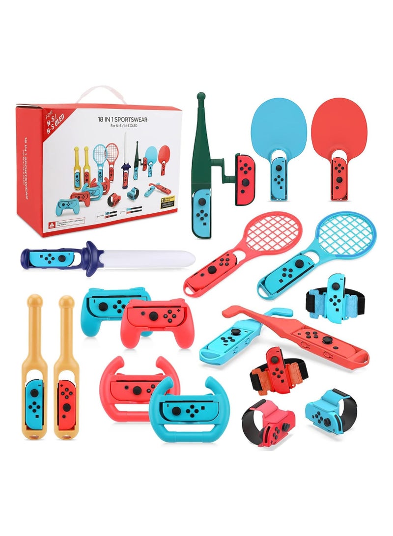 DOBE 18 in 1 Switch Sport Games Accessories Bundle for Nintendo Switch Games, Family Bundle Accessory Kit with Tennis Racket Controller Grips Racing Wheel Bandage Golf Club Wheels Drum Stick Fishing Rod - Image 1