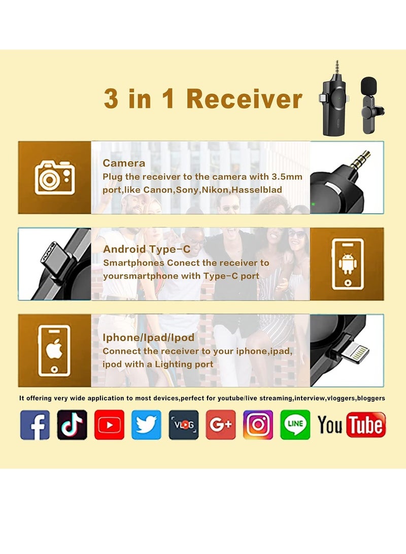 إلترازون ميكروفون لافالير لاسلكي، ميكروفون 3 في 1 قابل للتشغيل لكاميرا iPhone iPad Android للتسجيل، يوتيوب، تيك توك، فيسبوك لايف ستريم، مزامنة تلقائية لتقليل الضوضاء (لا حاجة إلى تطبيق أو بلوتوث) - Image 2