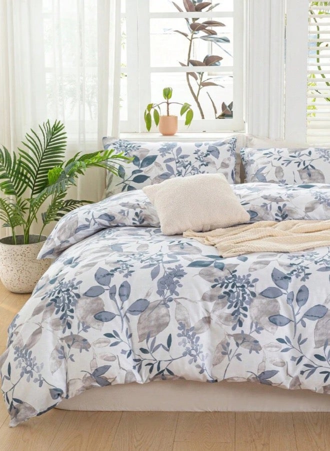 LUNA Home Queen size 6 pieces bedding set,  grey and blue leaf floral pattern soft skin frendly duvet cover set. - Image 4