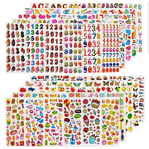 CNYMANY 60 Sheets (1800+) Stickers for Kids, CNYMANY 3D Puffy Stickers for Scrapbooking Bullet Journal, Including Letter Fish Vehicle Number Heart Fruit Dinosaur Butterfly Dessert Animal - Image 1