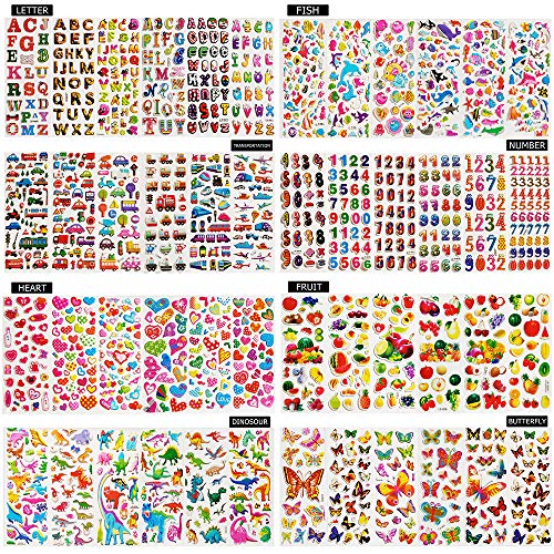 CNYMANY 60 Sheets (1800+) Stickers for Kids, CNYMANY 3D Puffy Stickers for Scrapbooking Bullet Journal, Including Letter Fish Vehicle Number Heart Fruit Dinosaur Butterfly Dessert Animal - Image 2