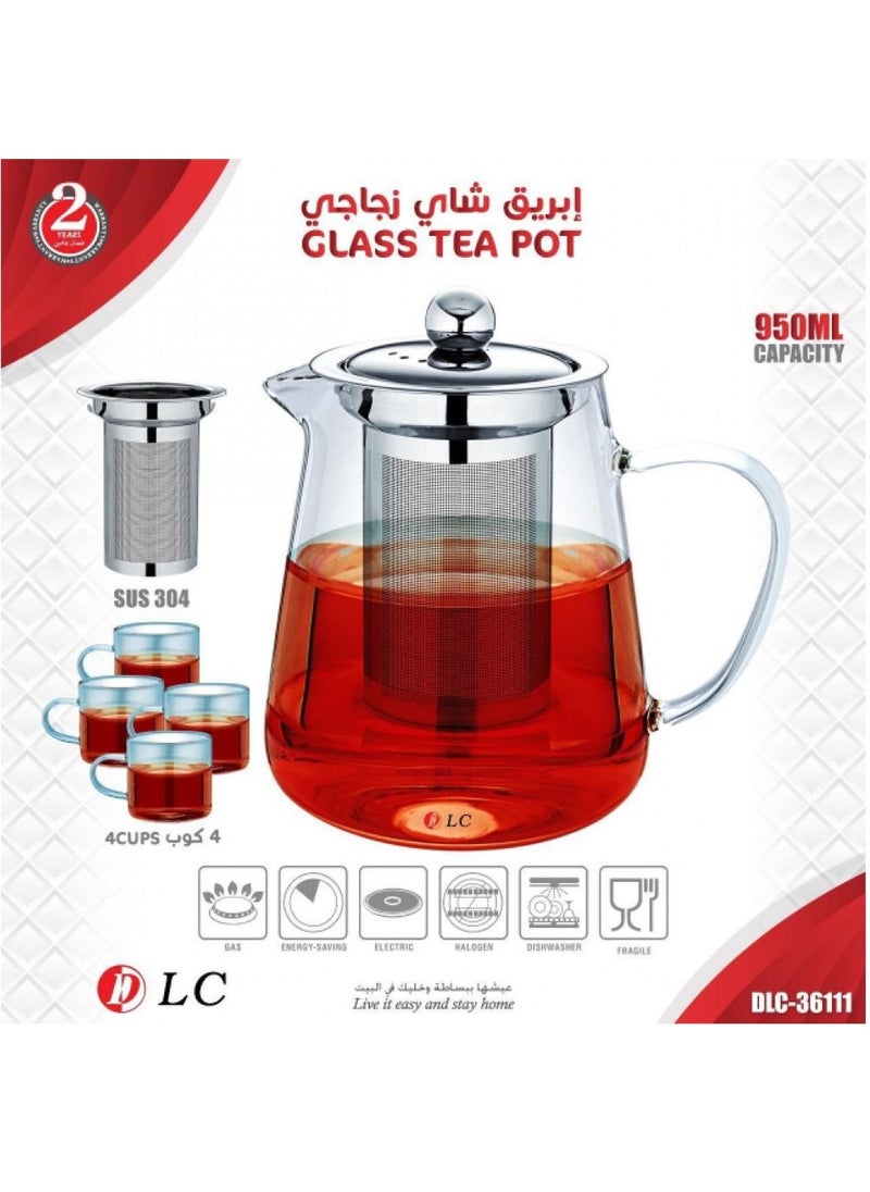DLC - Glass Teapot Set 950ml With 4 Cups And Removable Strainer 36111 - Image 1