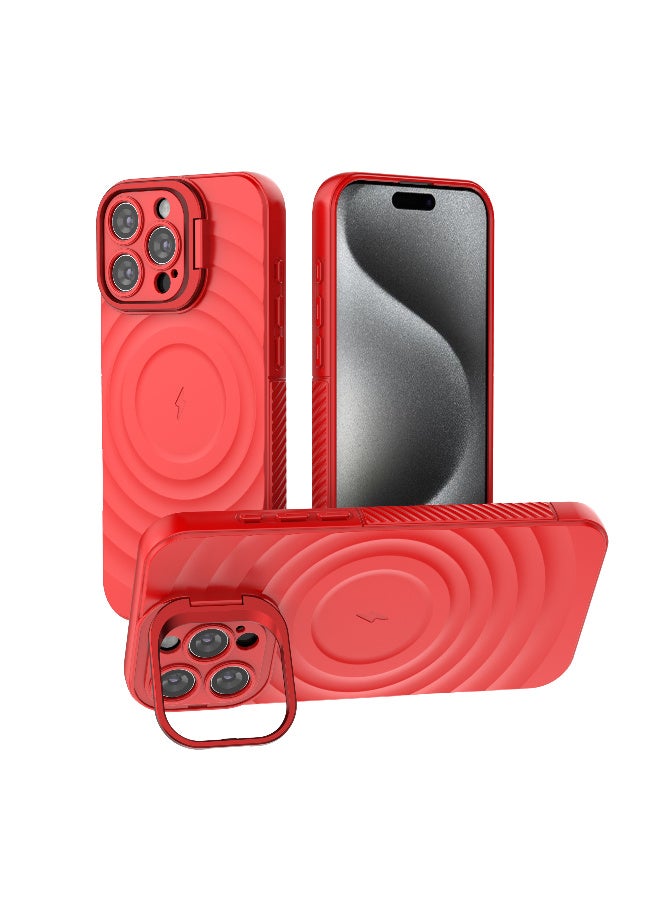 غطاء حمايه لهاتف ايفون 16 برو ماكس جراب ارمور مغناطيسي ياتي بحواف مرتفعة حول الشاشة وعدسة الكاميرا تساعد على منع الخدوش معا استاند للكاميرا - احمر - Image 1