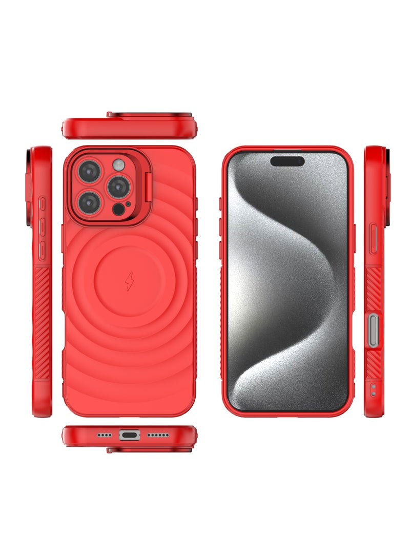 غطاء حمايه لهاتف ايفون 16 برو ماكس جراب ارمور مغناطيسي ياتي بحواف مرتفعة حول الشاشة وعدسة الكاميرا تساعد على منع الخدوش معا استاند للكاميرا - احمر - Image 3