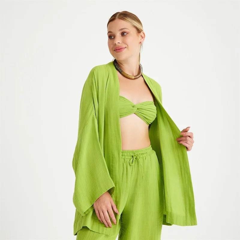 ميسبيغا 100% Cotton Woven Muslin Knot Crop Top 2-Piece Trouser Set with Elastic Back