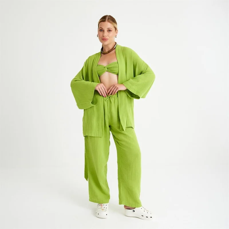 ميسبيغا 100% Cotton Woven Muslin Knot Crop Top 2-Piece Trouser Set with Elastic Back