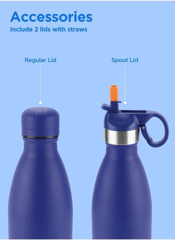 Milton MILTON 750ml Vacuum Insulated Water Bottle with Straw Lid - 2 lids included, Keeps Drinks Hot & Cold, 18/8 Stainless Steel, Double-Walled Flask with Inner Copper Coating - Sports, Gym - Larvik - Blue Blue