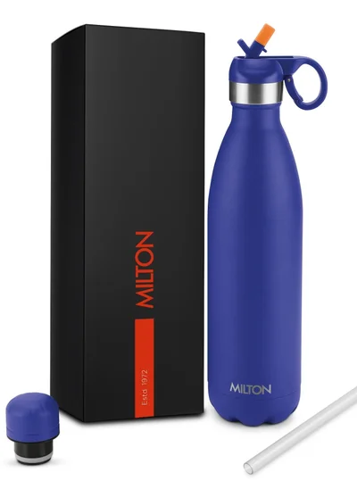 Milton MILTON 750ml Vacuum Insulated Water Bottle with Straw Lid - 2 lids included, Keeps Drinks Hot & Cold, 18/8 Stainless Steel, Double-Walled Flask with Inner Copper Coating - Sports, Gym - Larvik - Blue Blue