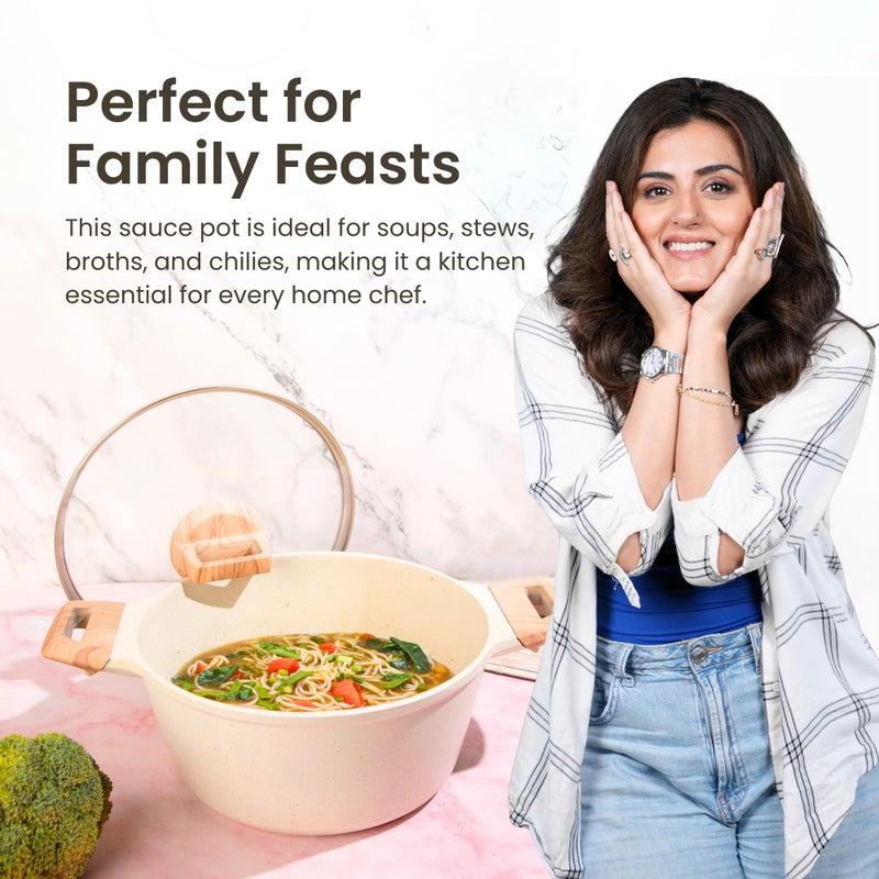 Home Essentials HomeEssentials Sauce Pan | Maifan Biryani Handi with Glass Lid, Healthier Non Stick Cooking | 1.5L,Soup Maker, and Milk Pot | Induction Cookware Saucepan (White) - Image 2