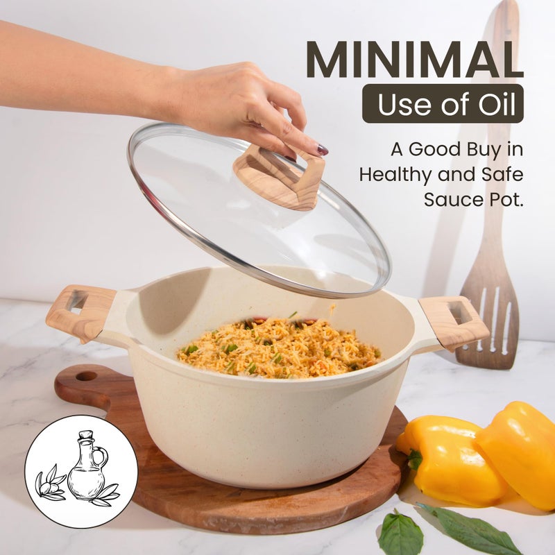 Home Essentials HomeEssentials Sauce Pan | Maifan Biryani Handi with Glass Lid, Healthier Non Stick Cooking | 1.5L,Soup Maker, and Milk Pot | Induction Cookware Saucepan (White) - Image 3