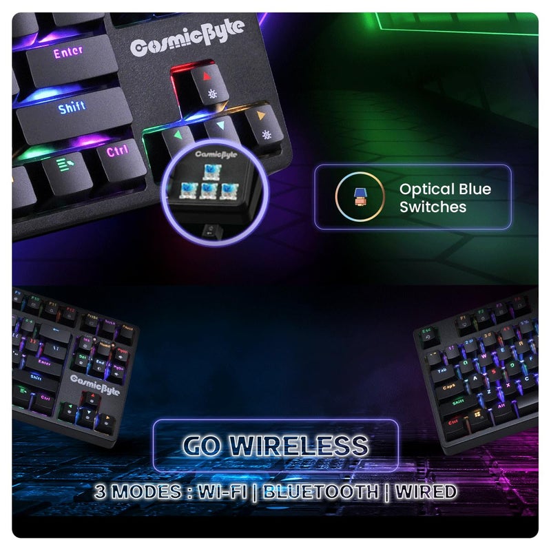 Cosmic Byte CB-GK-39 Trinity 3 Modes WiFi + Bluetooth + Wired Optical Swappable Blue Switch Keyboard, Per Key RGB, 100 Million Life Switches, 3000mAh Battery, Fast Response, Software Support (Black) - Image 2
