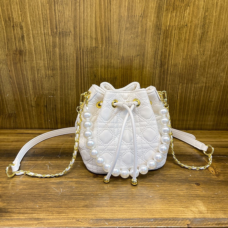 Korean Style High-End Sense Fragrant Pearl Bucket Bag Arrival Diamond Plaid Chain Handbag Fashionable All-Match Shoulder Bag - Image 3