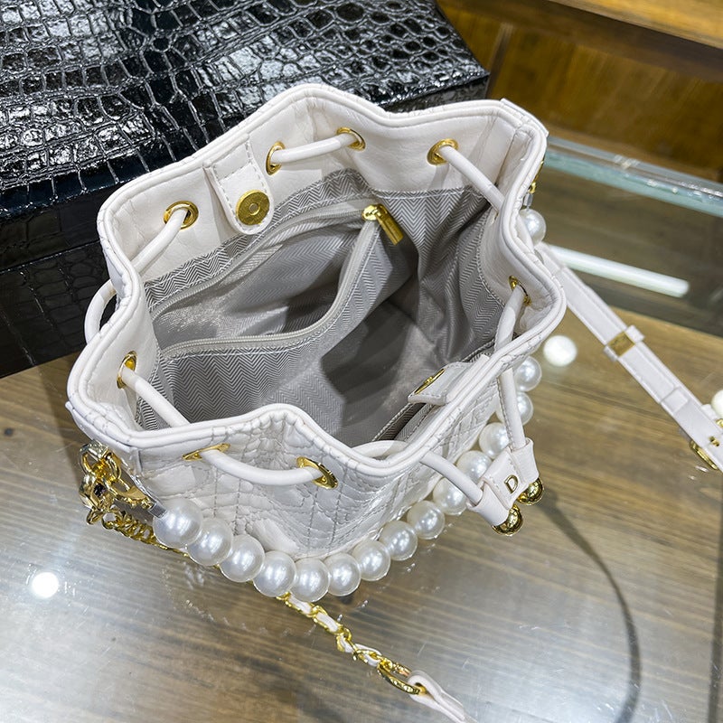 Korean Style High-End Sense Fragrant Pearl Bucket Bag Arrival Diamond Plaid Chain Handbag Fashionable All-Match Shoulder Bag - Image 5