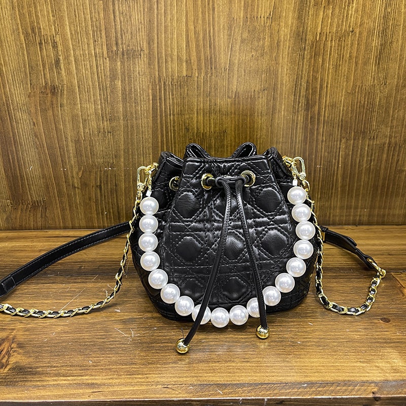 Korean Style High-End Sense Fragrant Pearl Bucket Bag Arrival Diamond Plaid Chain Handbag Fashionable All-Match Shoulder Bag - Image 2