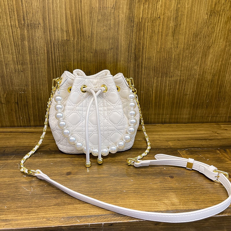 Korean Style High-End Sense Fragrant Pearl Bucket Bag Arrival Diamond Plaid Chain Handbag Fashionable All-Match Shoulder Bag - Image 1