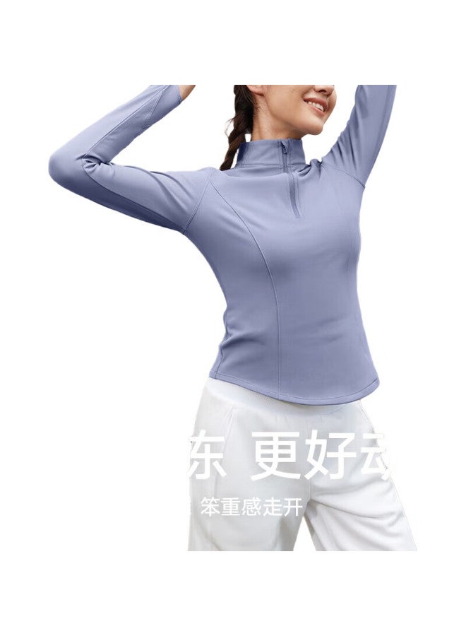 VFU Miaomiao Fleece Sports Top For Women, Half-Zip Fitness Wear, Autumn And Winter Fleece-Lined Yoga Outfit, Light Navy Blue, L - Image 3