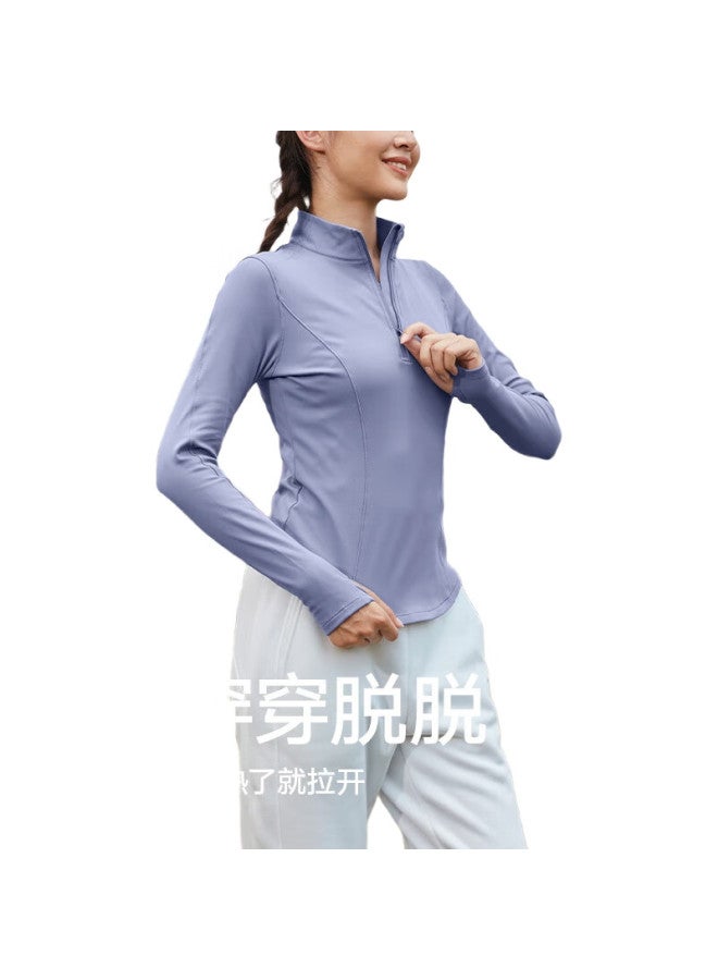 VFU Miaomiao Fleece Sports Top For Women, Half-Zip Fitness Wear, Autumn And Winter Fleece-Lined Yoga Outfit, Light Navy Blue, L - Image 2
