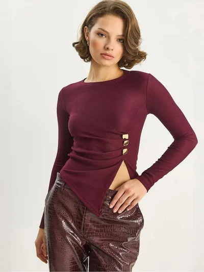 Bianco Lucci LUCCI Crew Neck Long Sleeve Blouse with Accessory Detail