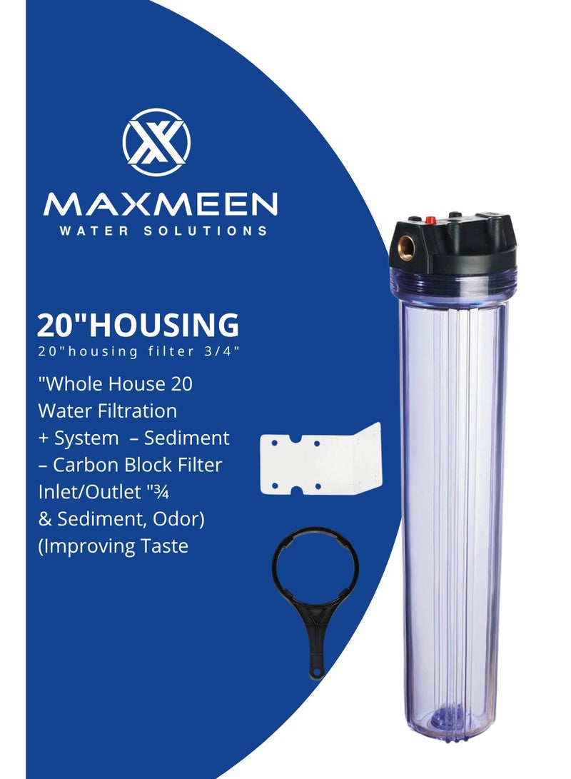 ماكسمين حاوية فلتر مياه منزلي كامل 20 بوصة – هيكل أزرق –  مدخل/مخرج ¾" (إزالة الرواسب، الروائح وتحسين الطعم) - Image 1