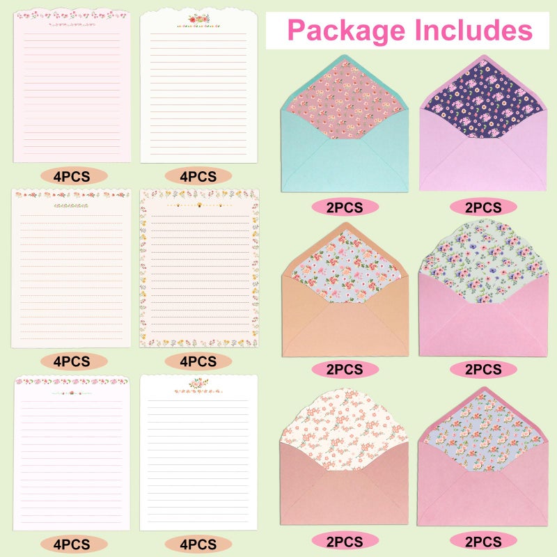 KSIWRE Stationary Paper and Envelopes Set, 24 PCS Writing Stationery Paper with 12 PCS Envelopes, Warm Floral Themed Envelope and Stationery Design for Invitations Gift Decorations Holiday Party - Image 3