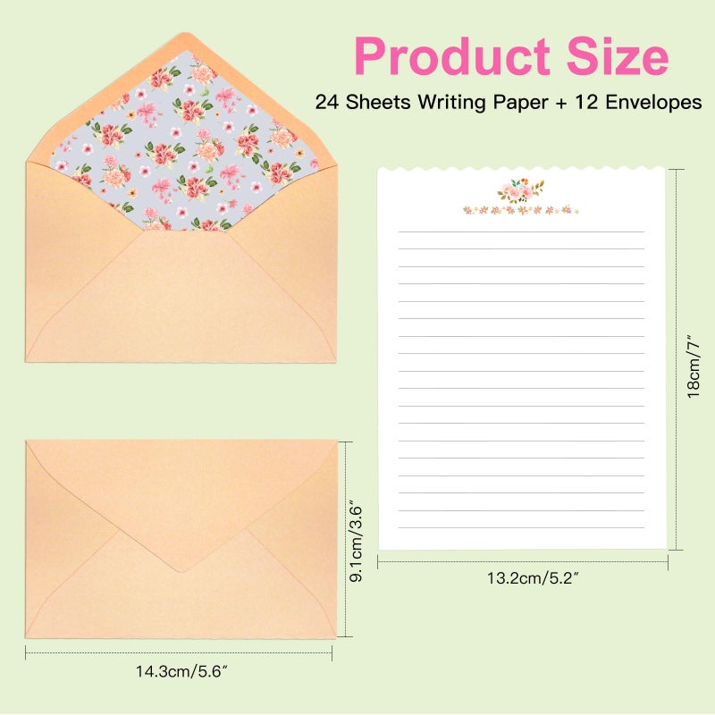 KSIWRE Stationary Paper and Envelopes Set, 24 PCS Writing Stationery Paper with 12 PCS Envelopes, Warm Floral Themed Envelope and Stationery Design for Invitations Gift Decorations Holiday Party - Image 4