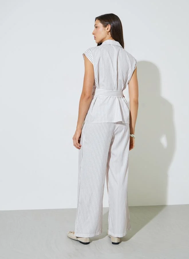 Styli Off White Striped Pocket Detail Blouse with Belt and Wide Leg Pants Set for Women | Best Price UAE