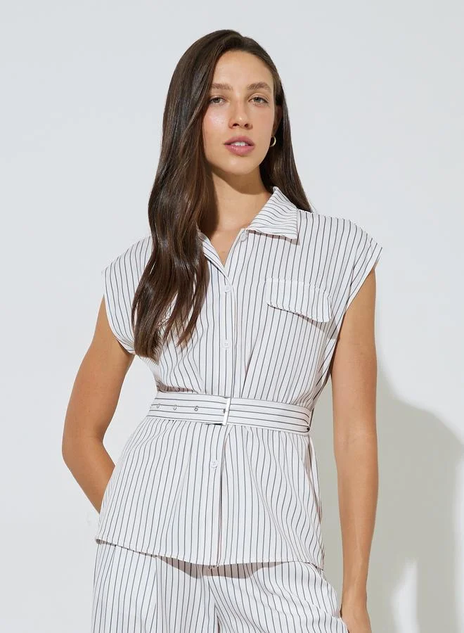 Styli Striped Pocket Detail Blouse with Belt and Wide Leg Pants Set