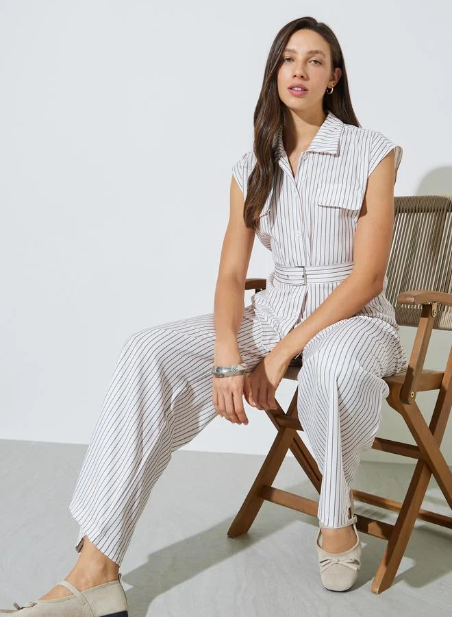 Styli Striped Pocket Detail Blouse with Belt and Wide Leg Pants Set