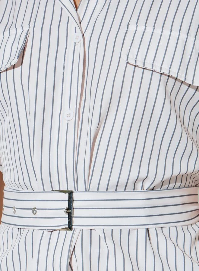Styli Off White Striped Pocket Detail Blouse with Belt and Wide Leg Pants Set for Women | Best Price UAE