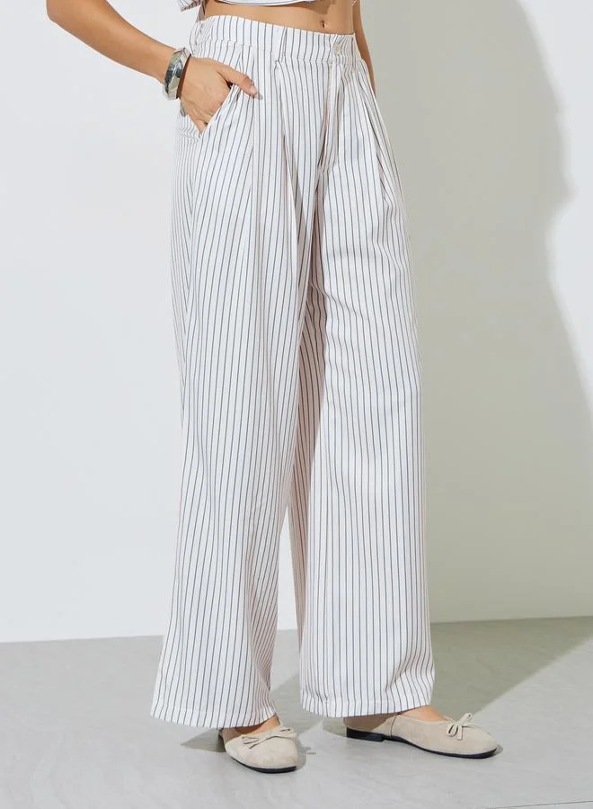 Styli Off White Striped Pocket Detail Blouse with Belt and Wide Leg Pants Set for Women | Best Price UAE