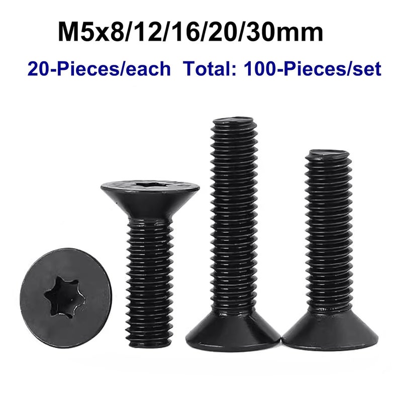 HanTof 100Pcs Flat Head Torx Drive Screws Bolts, Grade 10.9 Alloy Steel, M5 x 8/12/16/20/30mm CSK Head Star Drive Machine Screws Set with T25 Wrench, Black Oxide Finish, Fully Threaded Pitch : 0.8 mm - Image 5