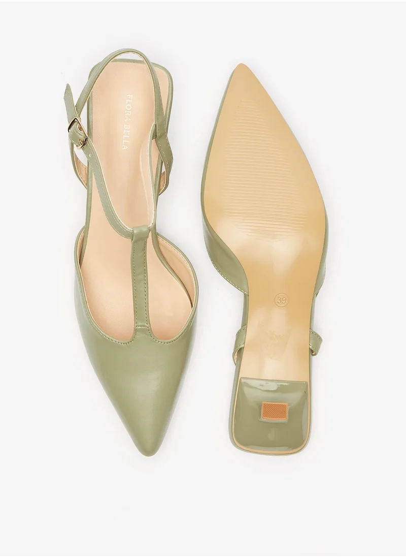 فلورا بيلا من شو إكسبرس Womens Solid Sandals with Kitten Heels and T Strap Buckle Closure