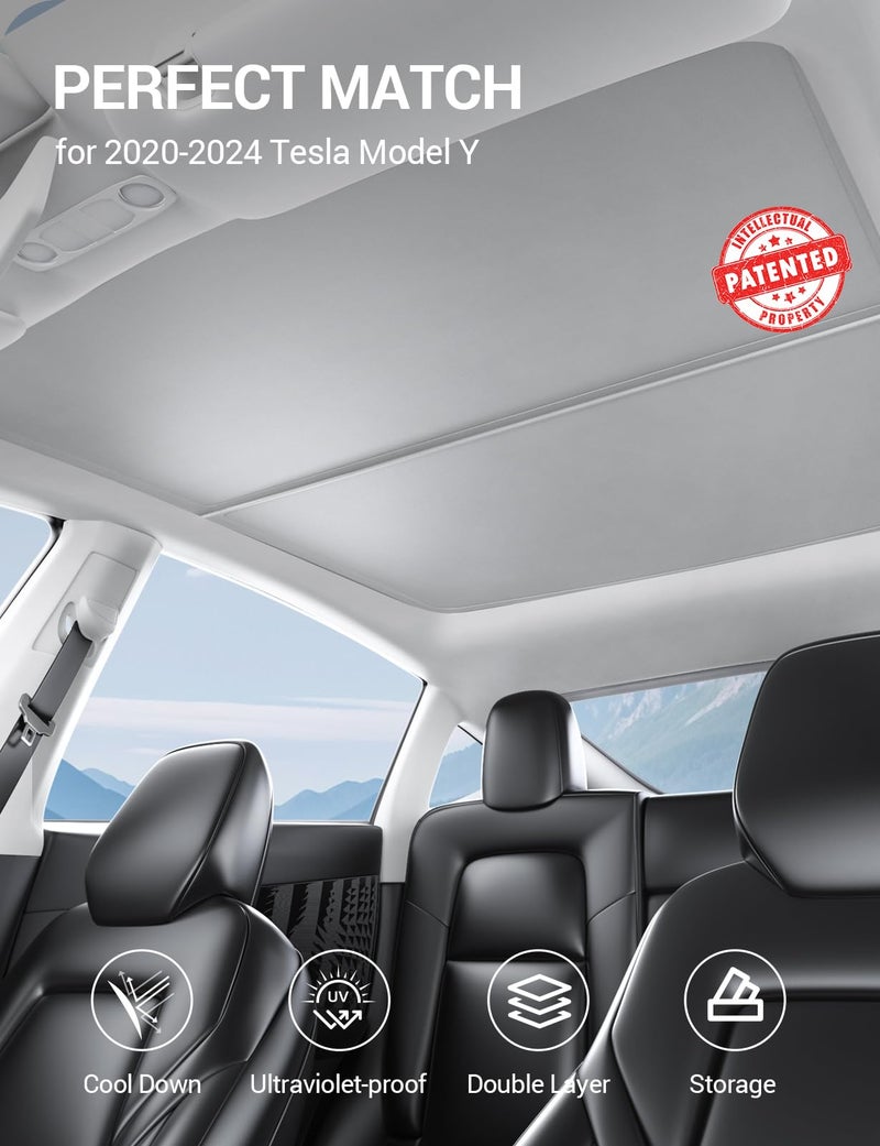 BASENOR Upgraded Tesla Model Y Sunshade Roof, [Nano Ice-Crystal Coatings] Heat Insulation Glass Roof Shade, Top Window Retractable Sun Protection, Sunroof Blocking Cover for Model Y 2020-2024 Gray - Image 2