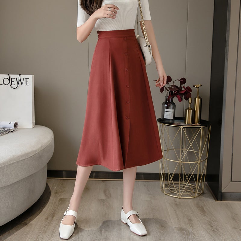 Mid-Length Skirt 2023 Style Buckle All-Match High Waist Large Swing Skirt Suitable For Thick Hip And Thigh Skirt - Image 4