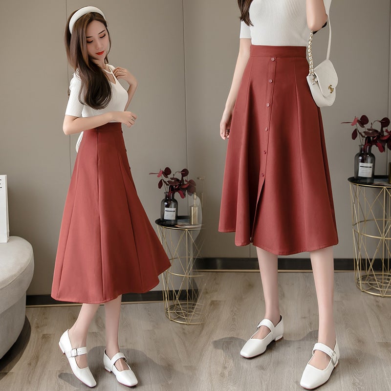 Mid-Length Skirt 2023 Style Buckle All-Match High Waist Large Swing Skirt Suitable For Thick Hip And Thigh Skirt - Image 1