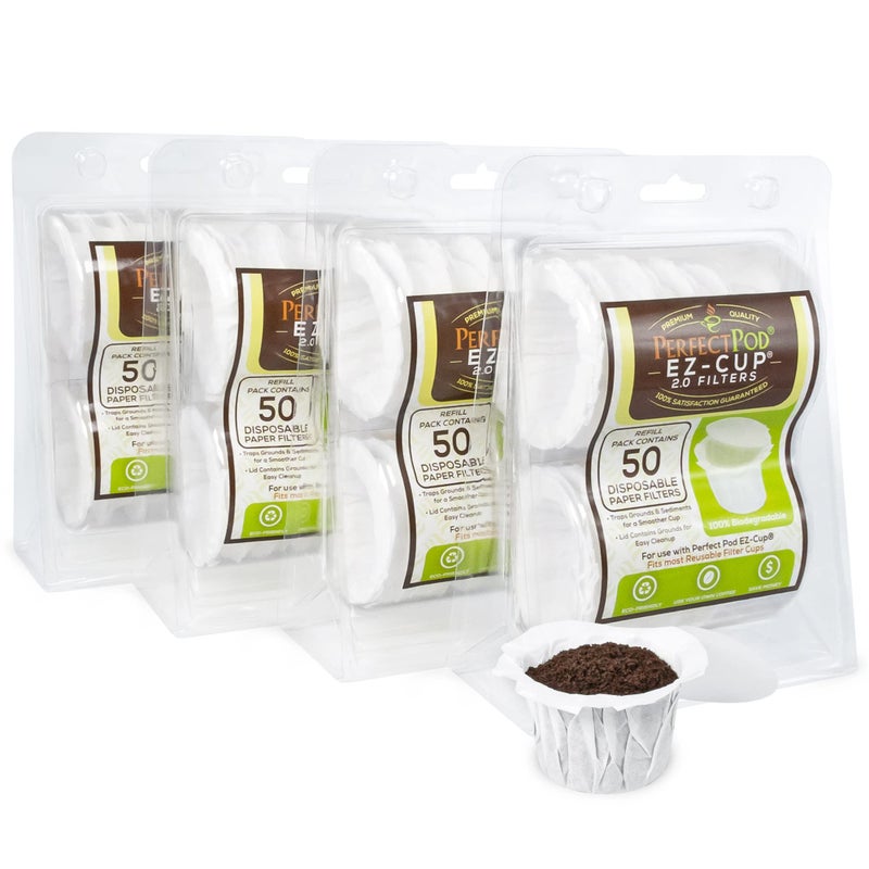 Perfect Pod EZCup Disposable Paper Filters with Patented Lid Design for Reusable Coffee Pods 4 Pack 200 Filters