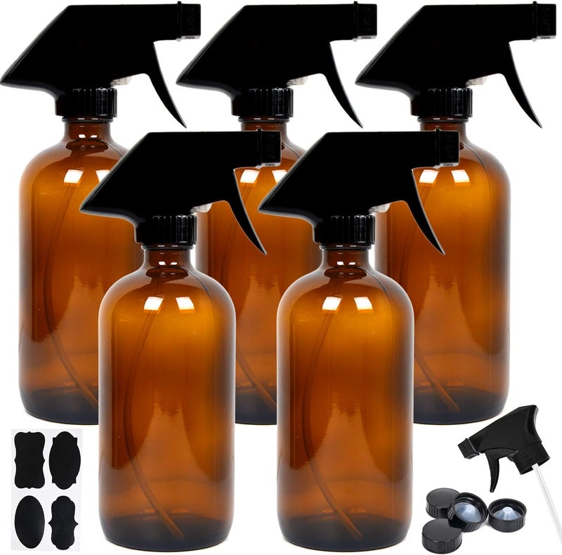 Youngever 5 Pack Empty Amber Glass Spray Bottles, 8 Ounce Refillable Container for Essential Oils, Cleaning Products, or Aromatherapy, Trigger Sprayer with Mist and Stream Settings