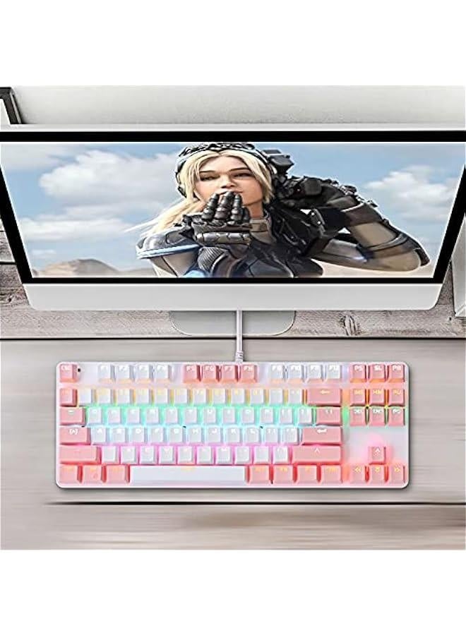 Portable Advanced Keyboard for Notebook Computer, K100 87 Keys USB Backlight Green Shaft Office Home Gaming Mechanical Keyboard - White Pink - Image 3