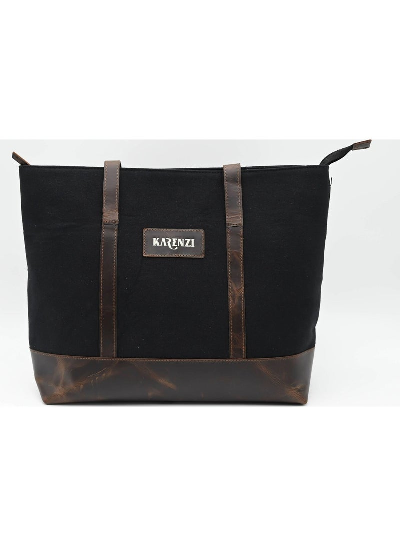 KARENZI PREMIUM GENUINE LEATHER HORIZONTAL TOTE BAG – HANDCRAFTED CROSS STITCH – 16 INCH LAPTOP & OFFICE BAG - Image 1