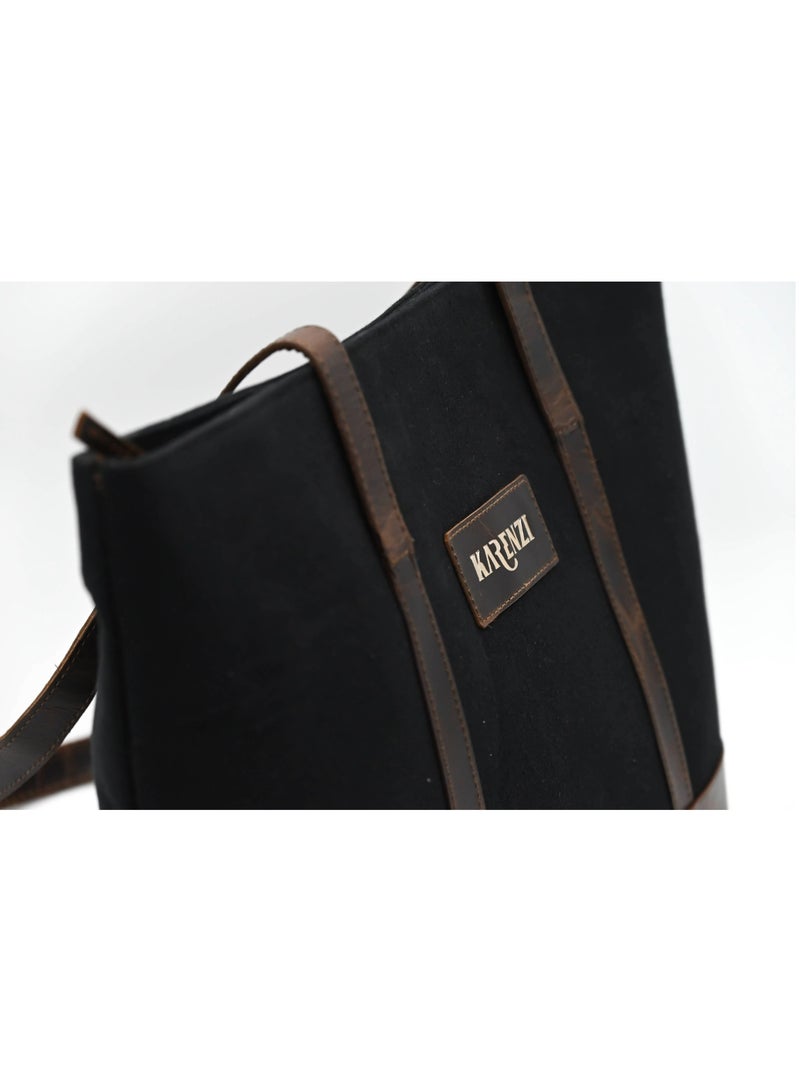 KARENZI PREMIUM GENUINE LEATHER HORIZONTAL TOTE BAG – HANDCRAFTED CROSS STITCH – 16 INCH LAPTOP & OFFICE BAG - Image 3