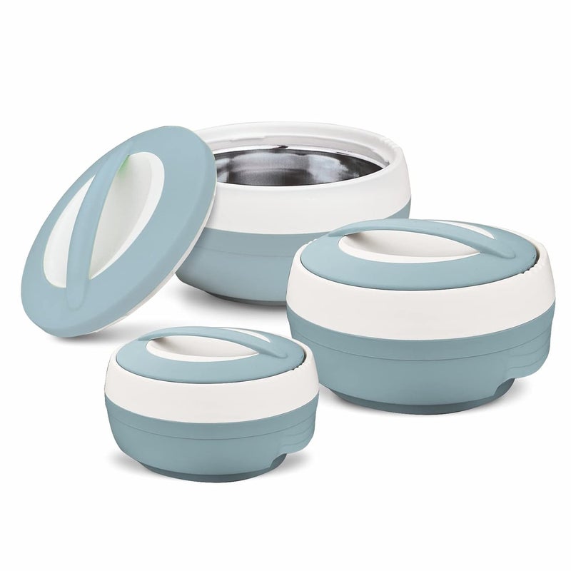 ASIAN Plastic Casserole Inner Stainless Steel Casserole Gift Set of 3 600 ml 1000 ml 1500 ml Pestal Blue PU Insulated BPA Free Food Grade Hot Cold Easy to Carry - Image 2
