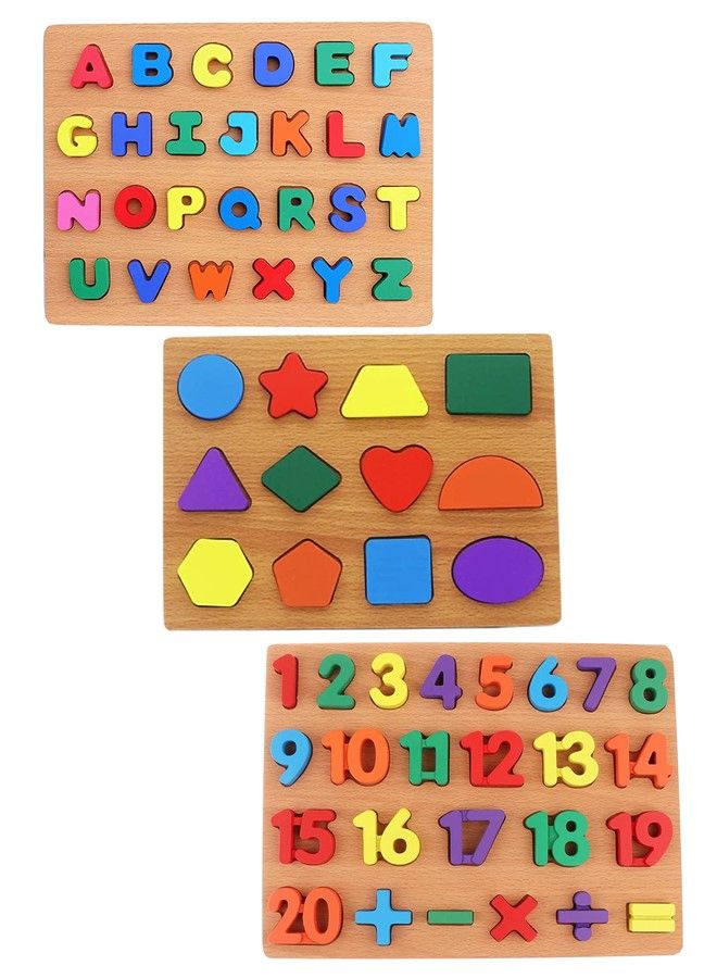 We Happy 66 Pieces of Wooden Board Learning Toy A to Z Alphabet, 1 to 20 Counting Numbers, Multiple Shapes Educational Activity Game for Kids (Set of 3)  - Image 1