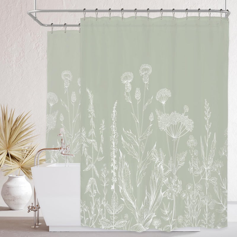 ريديكور Riyidecor Clawfoot Tub Stare Wide Wide Deart لديكور الحمام 180Wx70H Sage Green Floral Wildlower Wrap في جميع أنحاء الدائرية الدائرية فن النسيج المطبوع مقاومًا للماء 32 سنانير معدنية - Image 1