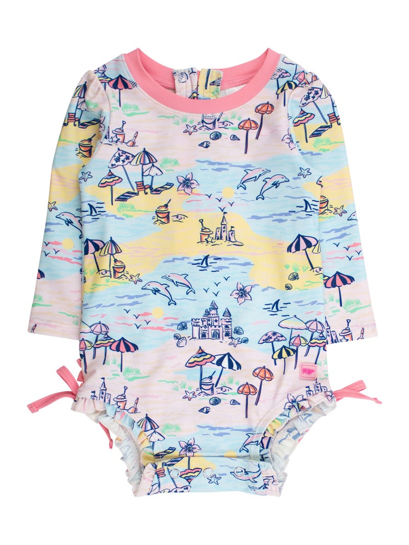 RuffleButts Baby Girls UPF 50 Sun Protection Tropical Print Long Sleeve One Piece Rash Guard Swimsuit with Zipper Beach Day 1824m - Image 2