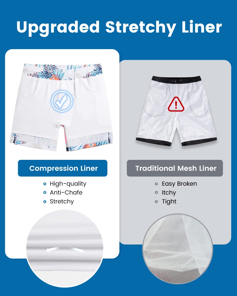 maamgic 2 in 1 Mens Swim Trunks 7 Inch Swim Shorts Swim Suits Board Shorts Floral-White - Image 4