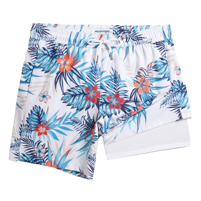 maamgic 2 in 1 Mens Swim Trunks 7 Inch Swim Shorts Swim Suits Board Shorts Floral-White - Image 1