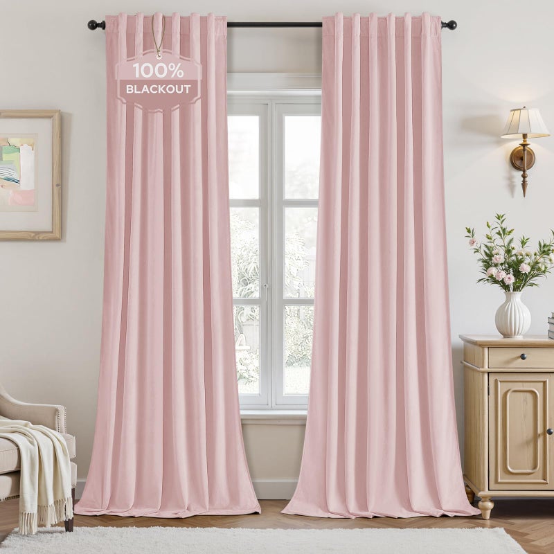 HOMEIDEAS 100% Blackout Pink Velvet Curtains, Thermal Noise Reduction Luxury Velvet Curtains for Bedroom Preppy Room Decor, Living Room, 52 X 84 Inch, 2 Panels - Image 1