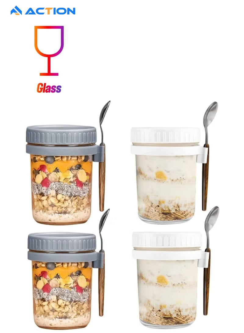 ACTION 4 Pack 350ml Glass Jars, Overnight Oats Containers with Lids and Spoons, Food Storage Containers for Milk, Cereal, Fruit - Image 1