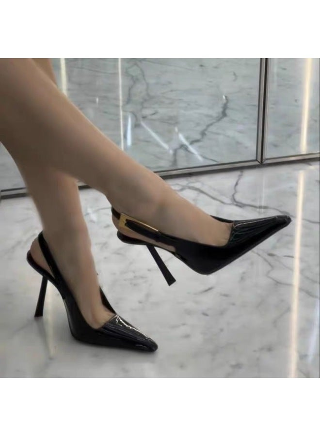 Black Pointed Toe High Heels Women's Stiletto Heels New Elegant High-end Patent Leather Flats French Sandals